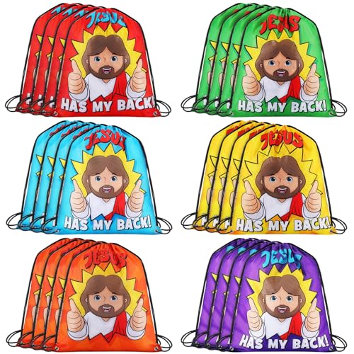 24 Pcs Christian Gift Bags Bulk Religious Drawstring Bags, Jesus Has My Back Backpacks for Sunday School, Bible Drawstring Backpack Graduation Church Camp Party Favors - style: Religious