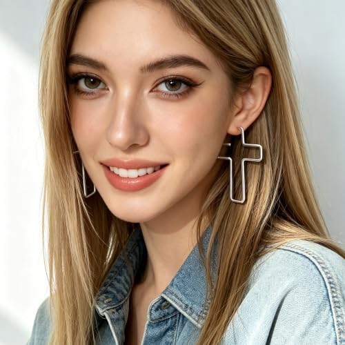 Cross Hoop Earrings for Women Trendy Large Cross Rhinestone Sparkly Hoop Earings Prom Wedding Party Formal Jewelry - color: silver T5