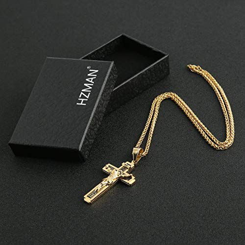 HZMAN Catholic Jesus Christ INRI Cross Crucifix Pendant Necklace for Men - color: Gold