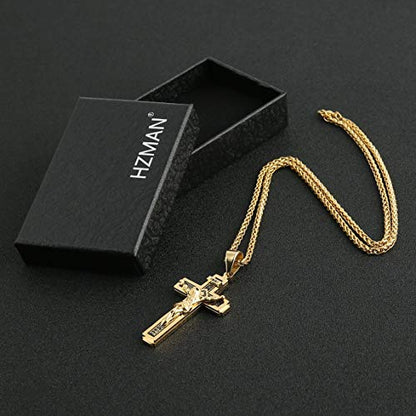 HZMAN Catholic Jesus Christ INRI Cross Crucifix Pendant Necklace for Men - color: Gold