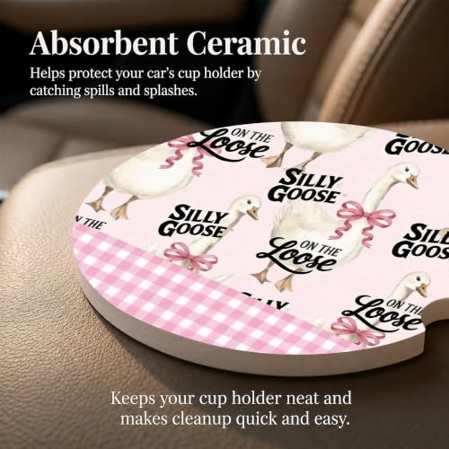 Pink Plaid Car Coasters Set of 2, Cute Goose Car Accessories, 02 - color: Cute Goose