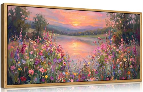 Large Floral Landscape Wall Art Wildflower Meadow Lake Sunset Painting Picture Colorful Botanical Flower Nature Canvas Wall Decor Distant Mountain Forest Print Artwork for Living Room Bedroom - color: Sunset, size: 32"L x 16"W