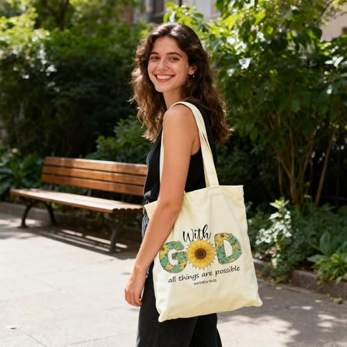 Christian Gifts for Women Faith With God All Things Are Possible Religious Bible Verse Canvas Tote Bag with Handles Inspirational Spiritual Birthday Christmas Gifts for Best Friend Sister Coworkers