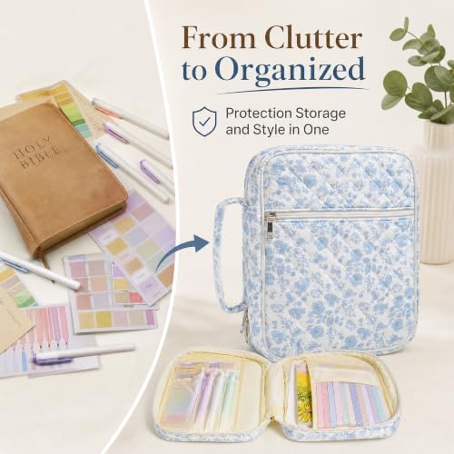Bible Cover for Women Large Quilted Cotton Bible Bag with Handle Storag - color: Blue Flower