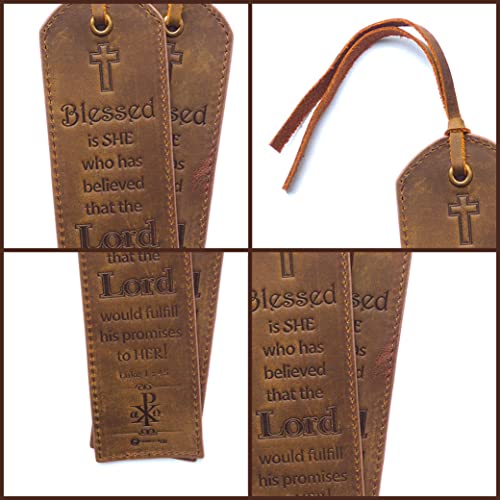 Leather Bible Bookmarks - 2 Leather Christian Bookmarks with Inspirational Bible Verse | Luke 1: 45 Blessed is She | Perfect Religious Book Marker Gifts for Men, Women, Readers and Friends - style: Luke 1:45