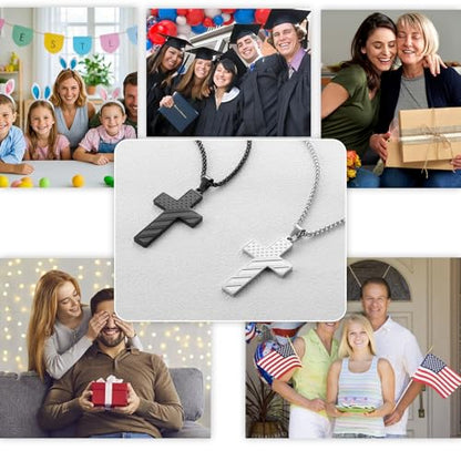 RWQIAN American Flag Cross Necklace for Men Bible Verse, Christian Religious Scriptures Faith Baptism 1st First Communion Pendant Chain for Boys, Fathers Dad Day Graduation Jewelry Gifts for Him - color: Black, style: Philippians 4:13