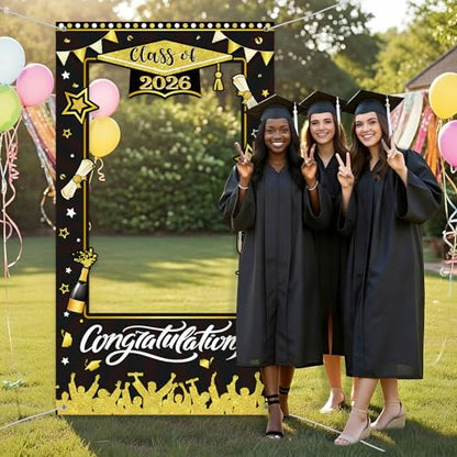 WovWeave Class of 2026 Graduation Photo Booth Props Frame 71x39 Inch - Black and Gold Graduation Decorations Backdrop Large Congratulations Banner for High School College Party Selfie Background - style: Black Gold Grad