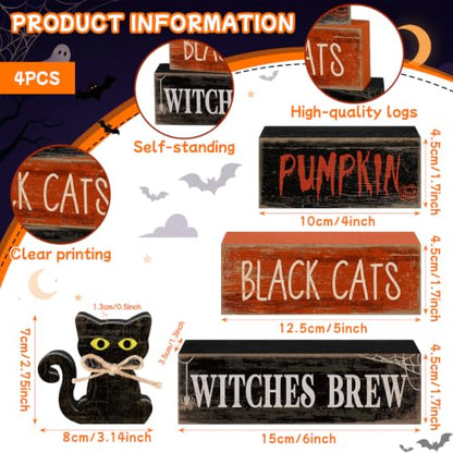 Lineshading 4 Pcs Halloween Table Decor for Home, Wooden Black Cat Sign Set - style: Black Cat