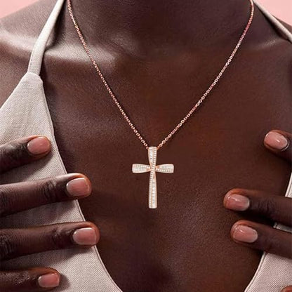 Cross Necklace for Women, 925 Sterling Silver 18K Gold Plated Cross Necklaces for Women, Cross Pendant with 5A Cubic Zirconia Diamond, Birthday Christmas Jewelry Gifts for Women Her Wife - color: Rose gold