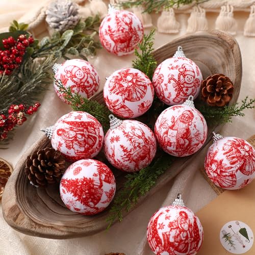 Outus 16pcs Red Toile De Jouy Santa Snowman Christmas Ball Tree Ornaments - color: Red Christmas, size: 2.17''
