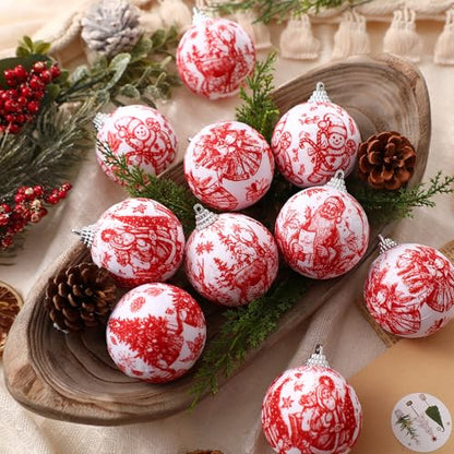 Outus 16pcs Red Toile De Jouy Santa Snowman Christmas Ball Tree Ornaments - color: Red Christmas, size: 2.17''