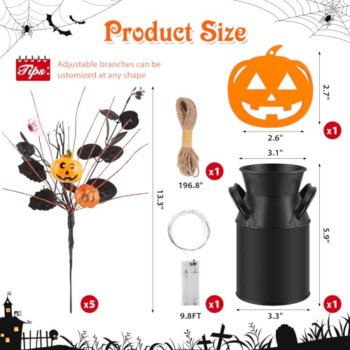 Halloween Table Deocr with 5 Pcs Artificial Pumpkin Eyeballs Eucalyptus Stems Black Iron Vase String Light and Wood Sign Halloween Centerpieces for Indoor Home Party Vase Arrangement Decorations - color: Halloween Decor