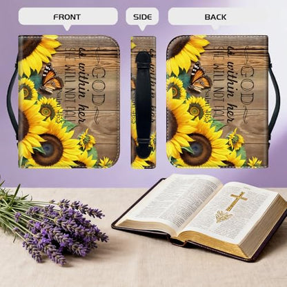 Bible Cover for Women Large PU Leather Zippered Bible Case with Handle and Christian Sunflower Design, Christian Bible Cover for Girls & Women, Cover Fits Standard 9.5"x7.5"x2.3" Bible - color: Christian Sunflower