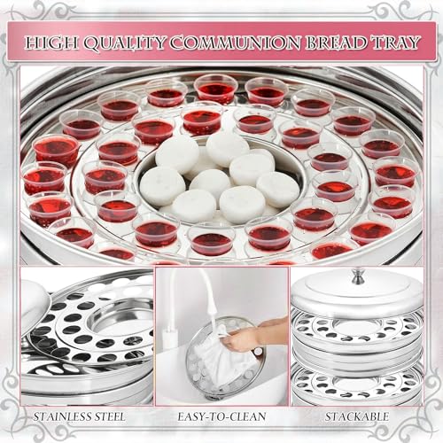 VJR Communion Tray for Churches with Lid, 33-Cup Stainless Steel Communion Set with Reusable Cups, Stackable Church Communion Serving Tray with Bread Plate, Silver, Rust Resistant - style: Bread Plate set 1