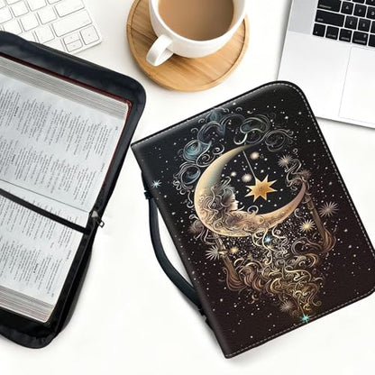 Bible Cover for Women Large PU Leather Zippered Bible Case with Handle and Beautiful Girl Moon Design, Christian Bible Cover for Girls & Women, Cover Fits Standard 9.5"x7.5"x2.3" Bible - color: Beautiful Girl Moon
