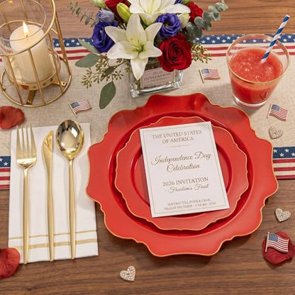 WDF 175Pcs Red Plates - Red Plastic Plates with Gold Rim - Fancy Disposable Dinnerware Sets Ideal for Party/Wedding - color: Red and Gold, size: 175 pieces