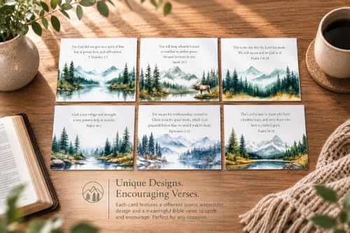 48 Encouraging Scripture Verse Cards with Walnut Wood Stand – 2 Unique Sets: Watercolor Nature & Elegant Black and White – Christian Desktop Bible Verse Affirmations for Daily Inspiration & Gifting
