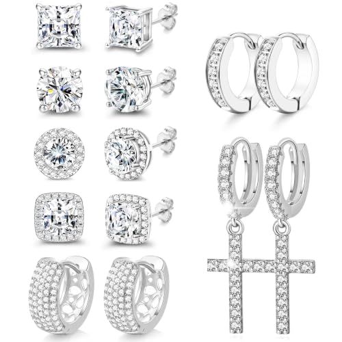 7 Pairs Stainless Steel Earrings for Men Women CZ Stud Hoop - color: Silver