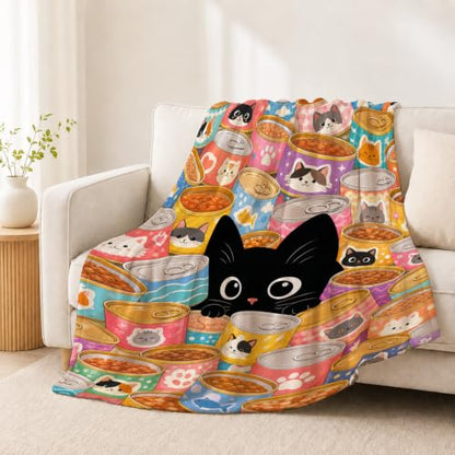 Black Cat Throw Blanket Food Can Kawaii Pet Lover Stuff Gifts 60''X80'' - color: Black Cat, size: 60''x80''