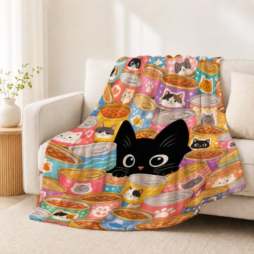 Black Cat Throw Blanket Food Can Kawaii Pet Lover Stuff Gifts 50''X60'' - color: Black Cat, size: 50''x60''