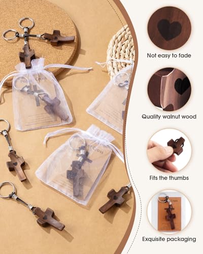 10pcs Pocket Wooden Cross Fidget: Small Wood Crosses Keychain in Bulk with Organza Bags Prayer Card - Stress Relief Cross My Heart for Christian Religious Easter Day Gifts