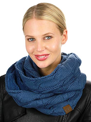 C.C Women's Winter Cable Knit Sherpa Lined Warm Infinity Pullover Scarf - color: Dark Denim