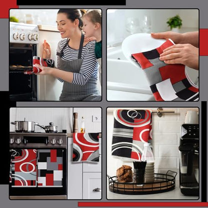 Boyiee Set of 6 Red Black Grey White Kitchen Towels Modern Geometric Decor - color: Black and Red