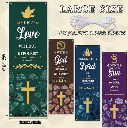 4Pcs Church Banners with Scripture for Sanctuary Wall Worship Classical Christian Banner Inspirational Religious Praise Hanging Sign Marble Backdrop for Christmas Xmas Church Sunday School Decoration