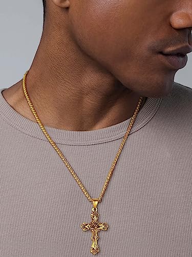 ChainsHouse Cross Necklace for Men, Black/18K Gold Plated/Stainless Steel Christian Jewelry Cross Pendant Necklace for Men, with Gift Box - color: a: Jecus Cross-Gold