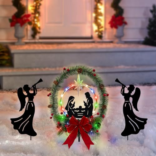 Solar Nativity Scene Outdoor,Nativity Set & Angel Christmas Garden Stakes - color: Black-Angel