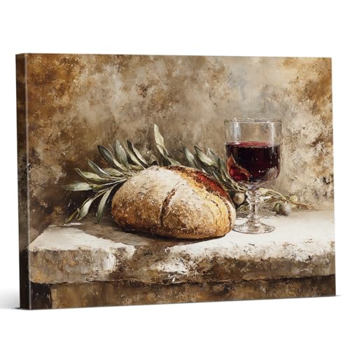 Christian Communion Kitchen Wall Art Decor Vintage Bread and Wine Print Picture Painting Rustic Religious Wall Decor for Farmhouse Kitchen 8x10 Inch Canvas Framed - color: color-E