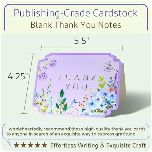 ukee's Floral Thank You Cards, Die-Cut Gold Foil, 100 Cards with Envelopes