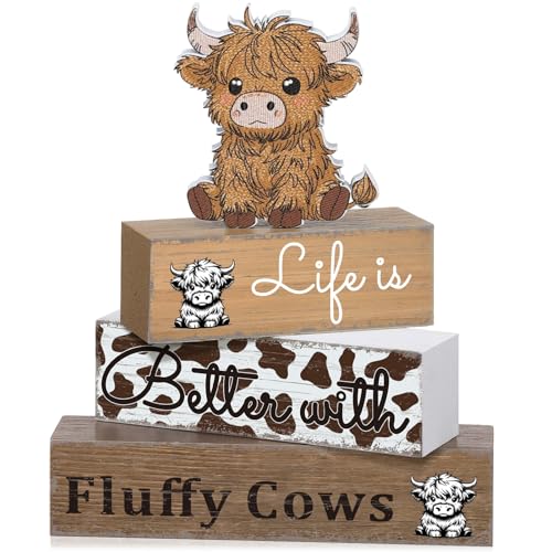 Geelin 4 Pcs Highland Cow Table Decorations Cow Wooden Tiered Tray Signs - style: Cattle