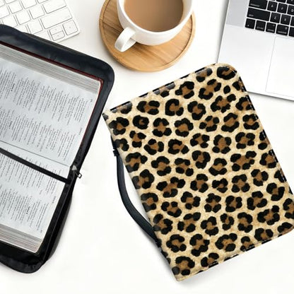 Bible Cover for Women Large PU Leather Zippered Bible Case with Handle and Animal Leopard Design, Christian Bible Bag for Girls & Women, Cover Fits Standard 9.5"x7.5"x2.3" Bible - color: Animal Leopard