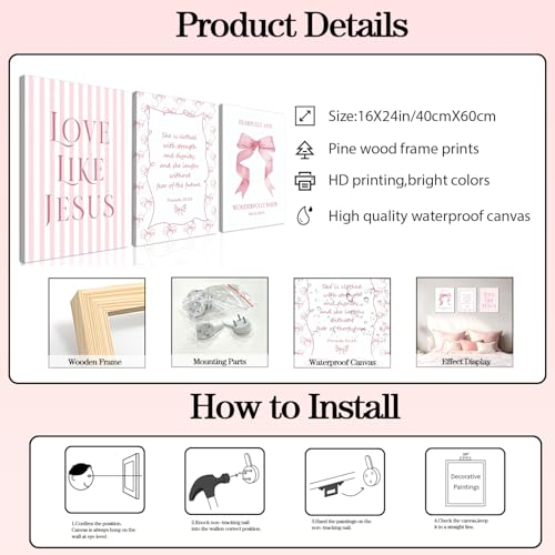 Coquette Pink Bow Wall Art Set of 3, Light Pink Christian Wall Decor Pictures, Jesus Verses Bible Canvas Posters Paintings Preppy Prints for Teen Girls Dorm Bedroom Bathroom 16x24 Inch Framed - color: Jesus Bow, size: 24"L x 16"W