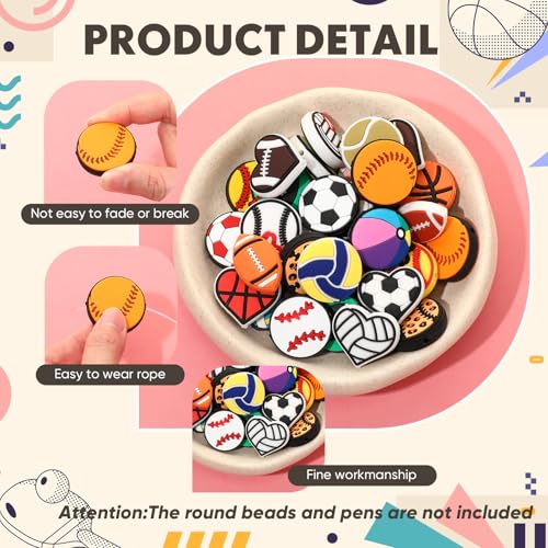 Tondiamo 60 Pcs Sports Ball Silicone Focal Beads for Pens Bulk Sports Theme Silicone Focal Bead for Beaded Pen Necklace Bracelet Charms Keychain Making Jewelry Making DIY Gifts (Ball) - style: Ball