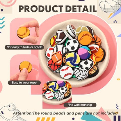 Tondiamo 60 Pcs Sports Ball Silicone Focal Beads for Pens Bulk Sports Theme Silicone Focal Bead for Beaded Pen Necklace Bracelet Charms Keychain Making Jewelry Making DIY Gifts (Ball) - style: Ball