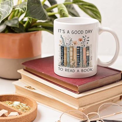 Gifts for Books Lovers Women - It’s A Good Day To Read A Book Mug, Book Lover Mugs, Books Coffee Cup with Stacked Novel Design, Bookworm Mugs for Readers - color: Book