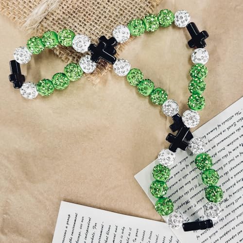 Baseball Bead Cross Necklace for Boys Kids, Elastic Rhinestone Bling Necklace Drip Gifts for Teens Players - color: Black Cross/Green/White