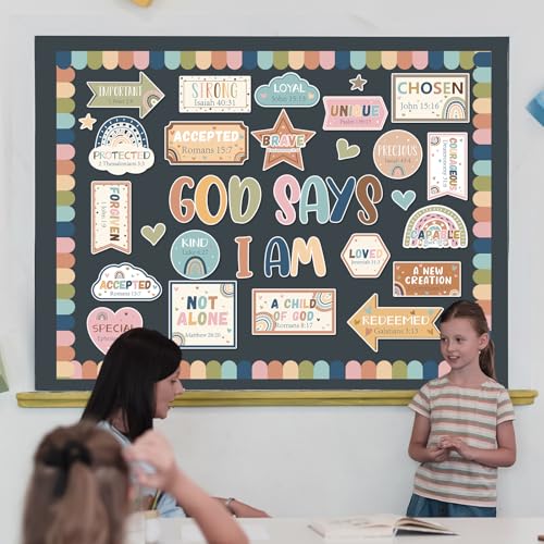 Christian Bulletin Board Decorations Classroom Motivational Bulletin Board for Welcome Back Boho Rainbow God Says I Am Cutout Inspirational Religious Wall Decors for Sunday School Home Church Supplies