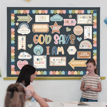 Christian Bulletin Board Decorations Classroom Motivational Bulletin Board for Welcome Back Boho Rainbow God Says I Am Cutout Inspirational Religious Wall Decors for Sunday School Home Church Supplies