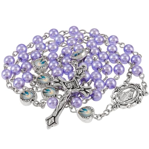 Rosary Beads Catholic, Rosary Necklace with Leather Pouch with Magnetic Top Bag for Men and Women Christian Gifts - color: Purple