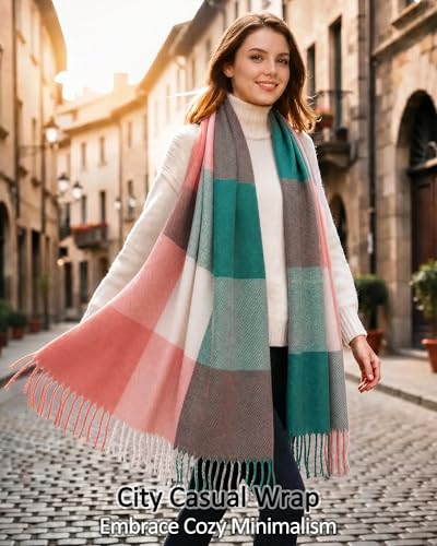 Loritta Winter Scarf for Women, Long Plaid Shawl Wraps Scarves Gifts - color: B-pink Green Lattice