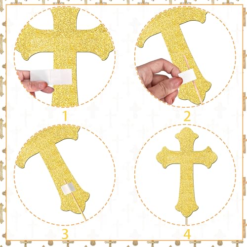 12Pcs Gold Glitter Cross Centerpiece Sticks LUCKYQUBE Double Sided Cross God Bless Centerpieces for Table First Communion Baptism Decorations for God Bless Theme Party Supplies
