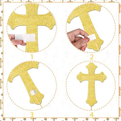 12Pcs Gold Glitter Cross Centerpiece Sticks LUCKYQUBE Double Sided Cross God Bless Centerpieces for Table First Communion Baptism Decorations for God Bless Theme Party Supplies
