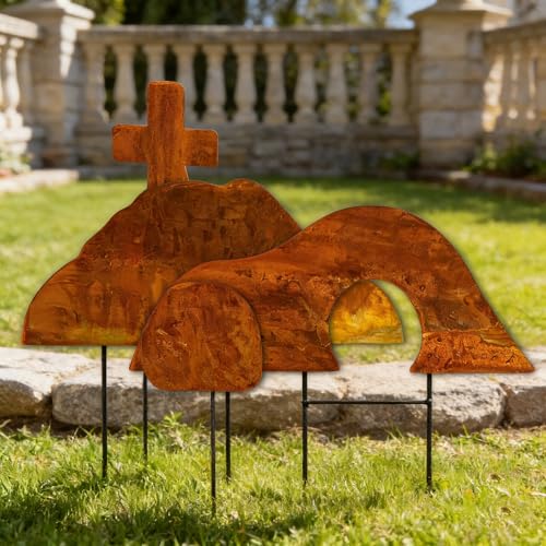 Easter Yard Sign Metal Religious Christian Outdoor Decorations Empty Tomb Easter Scene with Cross Jesus Resurrection Easter Lawn Decorations Garden Patio Porch Church Decor