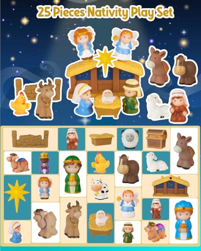 COOLTUNE Nativity Set for Kids – 25 Piece Christmas Nativity Playset with Figures, Soft Rubber Jesus Story Play Toys for Toddlers, Children, Baby Girls Boys Ages 1 2 3 4 5 6+ at Home & Sunday School
