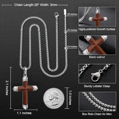 Wooden Cross Necklace for Men with Stainless Steel Adjustable Chain 24-26in, Christian Wood Crucifix Pendant Gift for Him - style: Bubinga