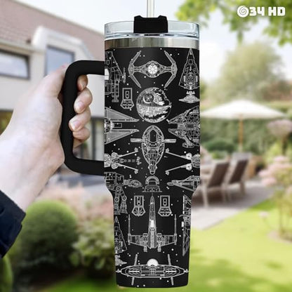 34HD Galaxy Spaceship Sci 40 oz Tumbler with Handle, Sci Fi Fan Gift - color: Blackstar40
