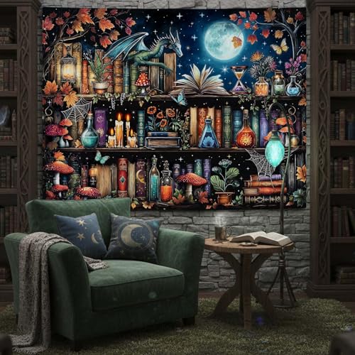 Accnicc Dragon Bookshelf Tapestry Witchy Mushroom Bookshelf Tapestries Wall Hanging Gothic Medieval Fantasy Moon Dark Academia Book Large Tapestry for Bedroom Living Room Dorm 80 x 60 inch - color: Blue Red, size: 80"L x 60"W